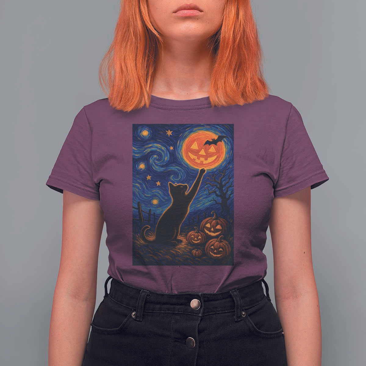 Black Cat Halloween T Shirt For Women Starry Night Van Gogh - Wonder Print Shop