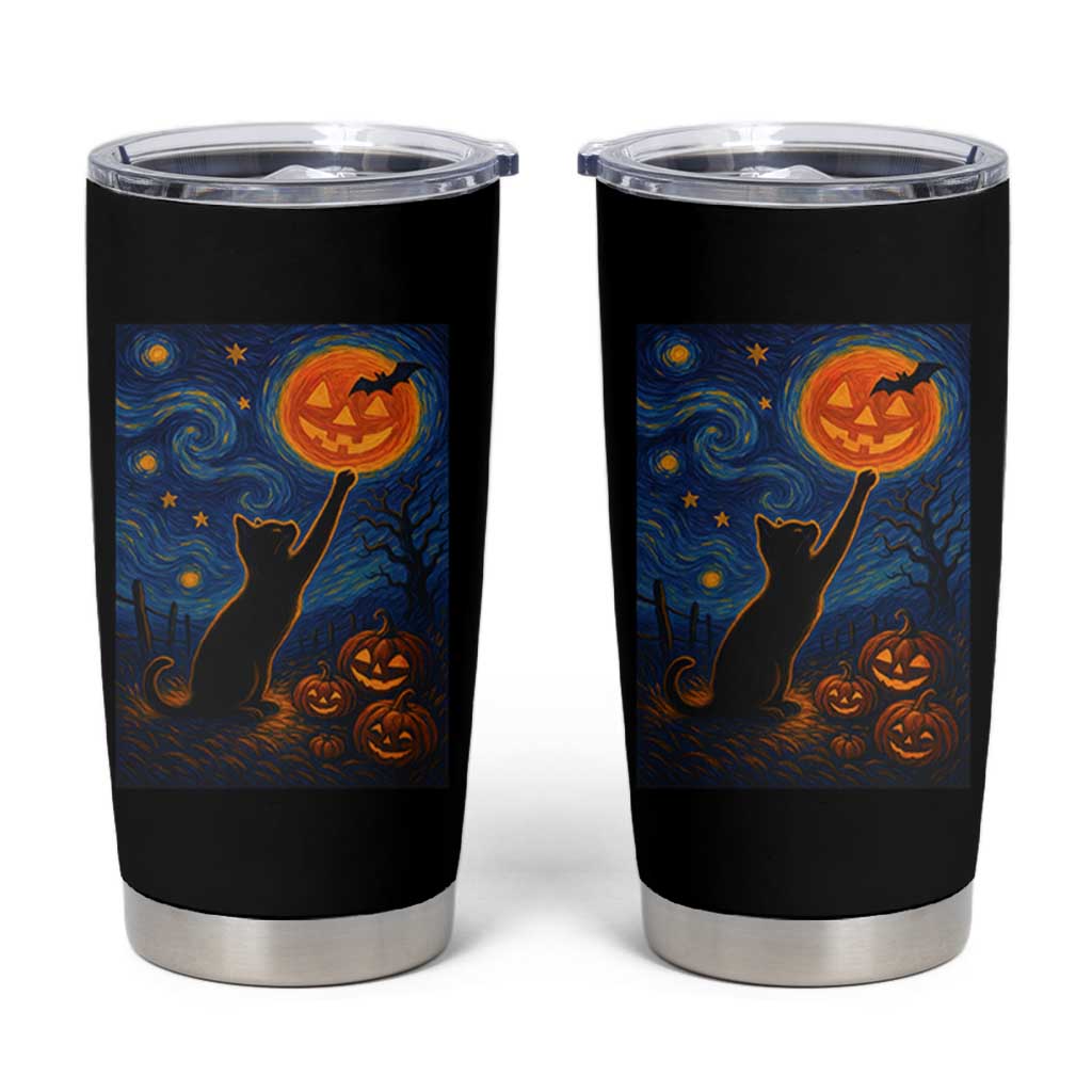 Black Cat Halloween Tumbler Cup Starry Night Van Gogh