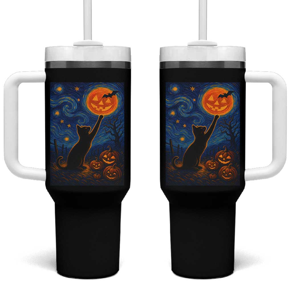 Black Cat Halloween Tumbler With Handle Starry Night Van Gogh
