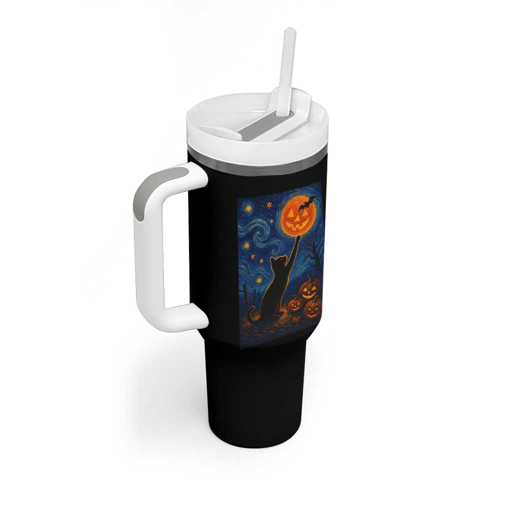 Black Cat Halloween Tumbler With Handle Starry Night Van Gogh