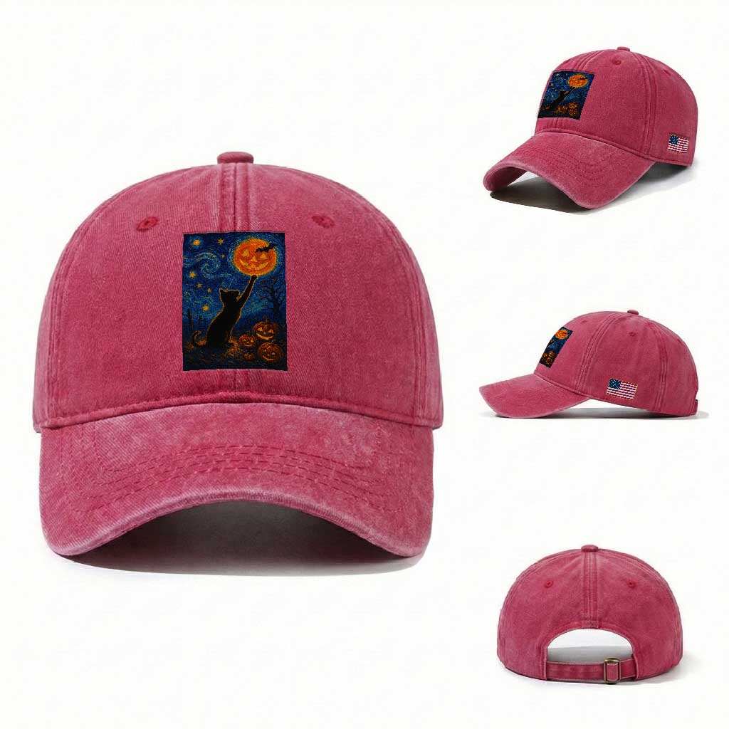 Black Cat Halloween Washed Cotton Baseball Cap Starry Night Van Gogh