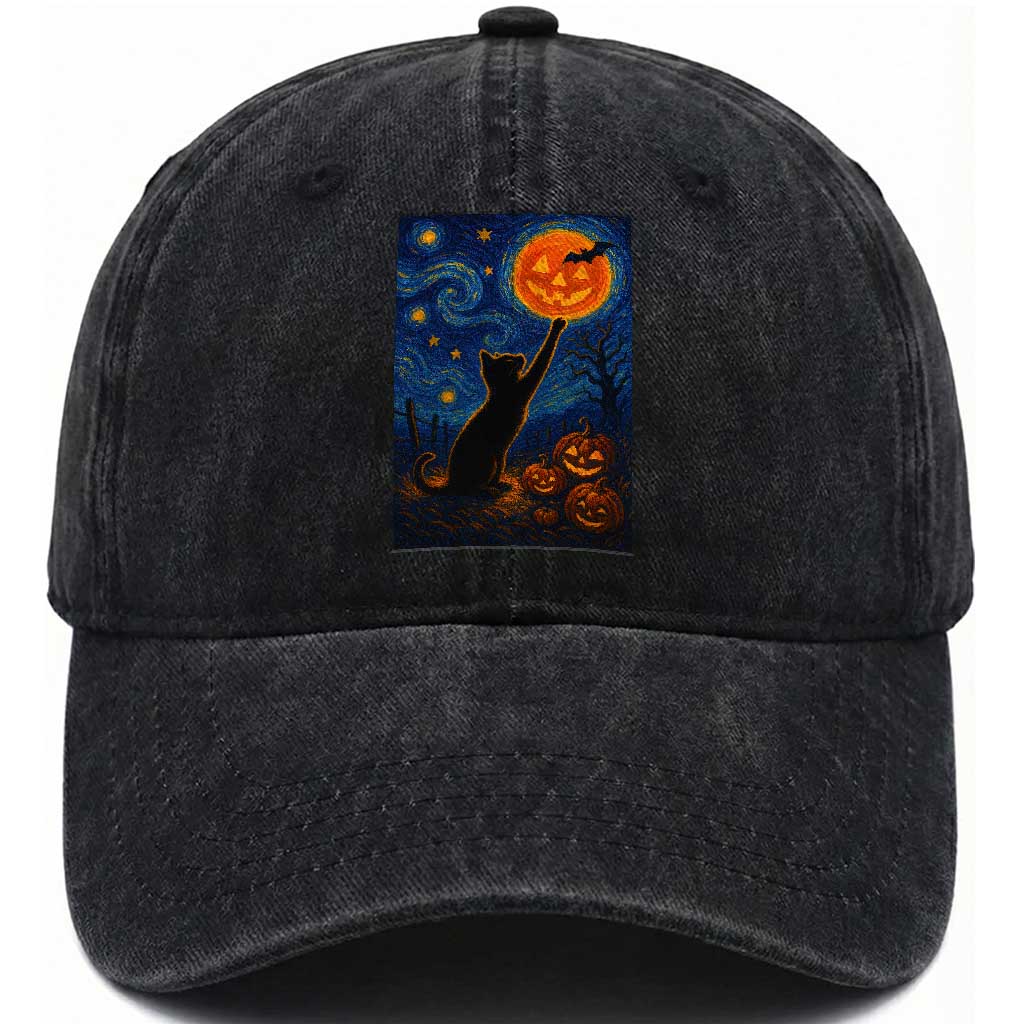 Black Cat Halloween Washed Cotton Baseball Cap Starry Night Van Gogh