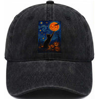 Black Cat Halloween Washed Cotton Baseball Cap Starry Night Van Gogh