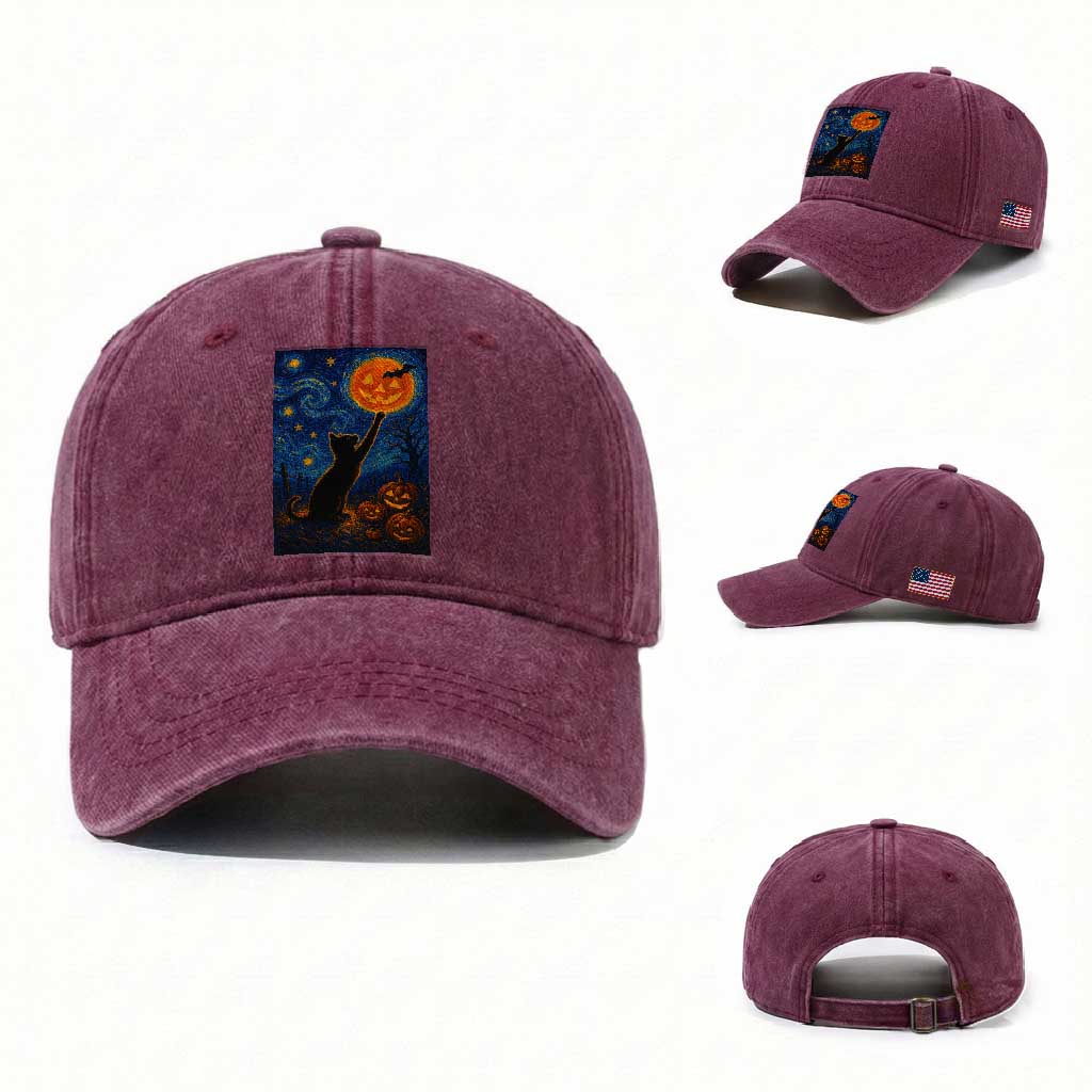 Black Cat Halloween Washed Cotton Baseball Cap Starry Night Van Gogh