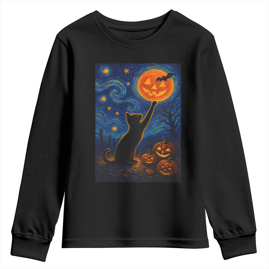Black Cat Halloween Youth Sweatshirt Starry Night Van Gogh - Wonder Print Shop