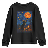 Black Cat Halloween Youth Sweatshirt Starry Night Van Gogh - Wonder Print Shop
