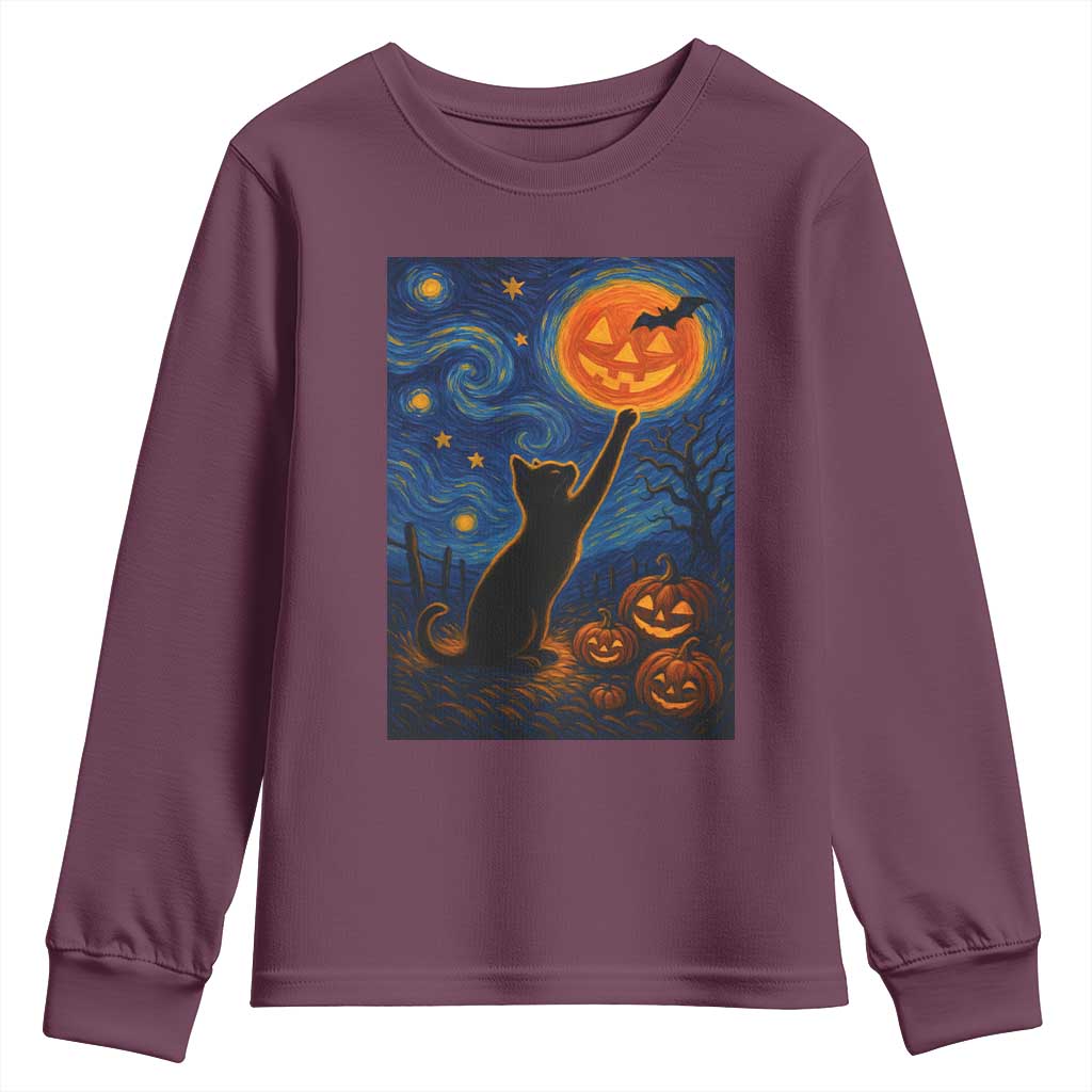 Black Cat Halloween Youth Sweatshirt Starry Night Van Gogh - Wonder Print Shop