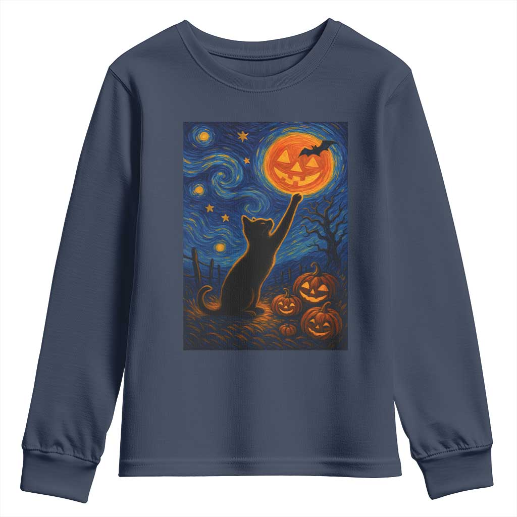 Black Cat Halloween Youth Sweatshirt Starry Night Van Gogh - Wonder Print Shop