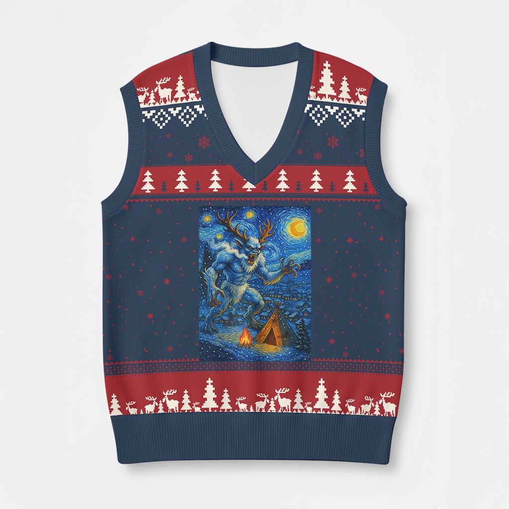 Wedigo Cryptid Xmas V-Neck Knit Sweater Vest Native American Starry Night Xmas - Wonder Print Shop