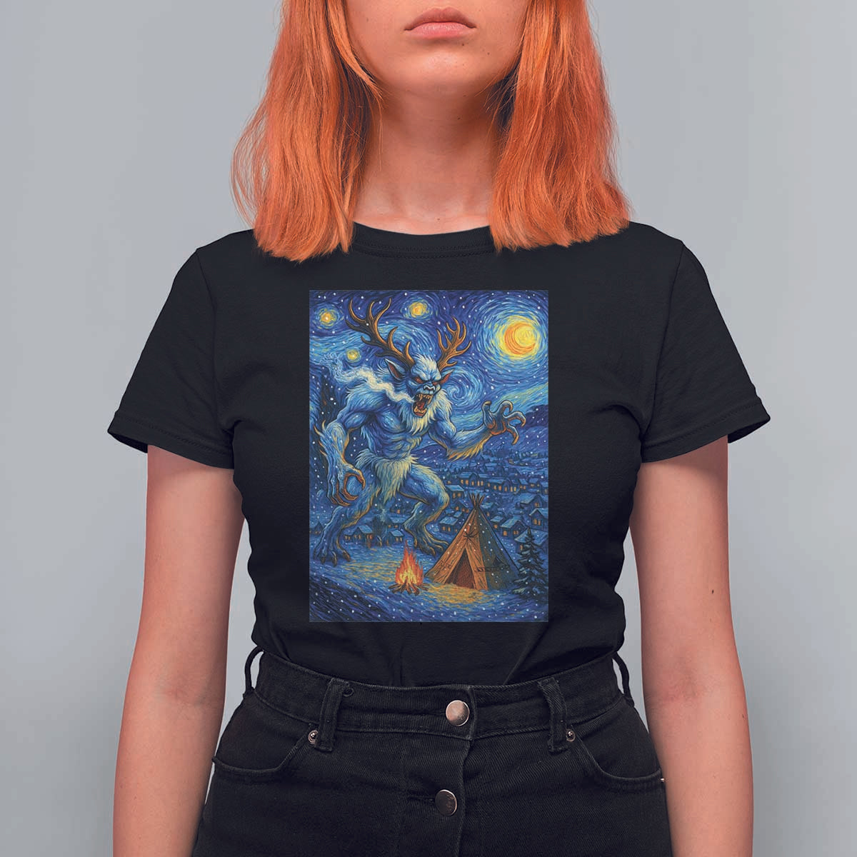 Wedigo Cryptid Christmas T Shirt For Women Native American Starry Night Xmas - Wonder Print Shop