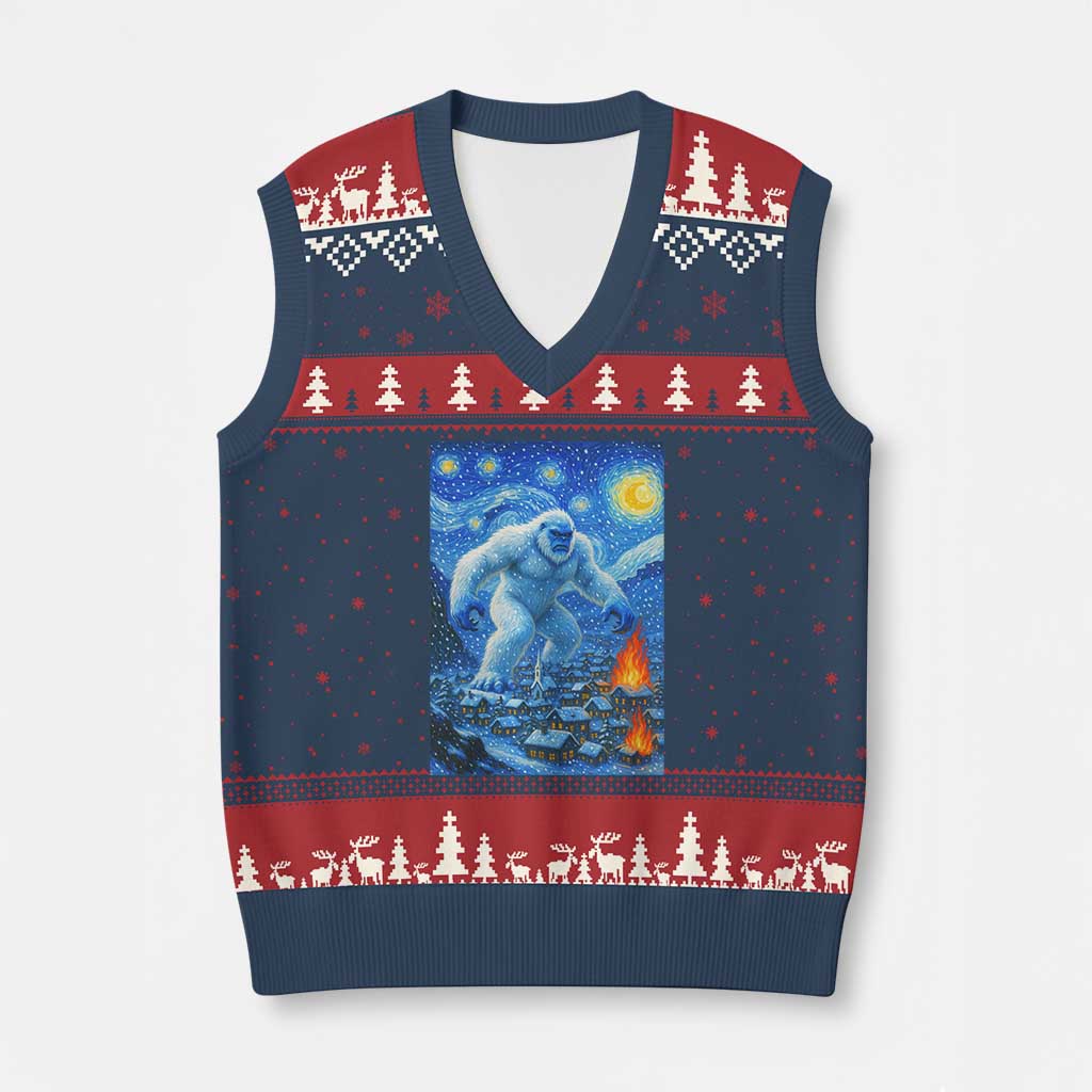 Yeti Cryptid Xmas V-Neck Knit Sweater Vest Winter Monster Starry Night Xmas - Wonder Print Shop