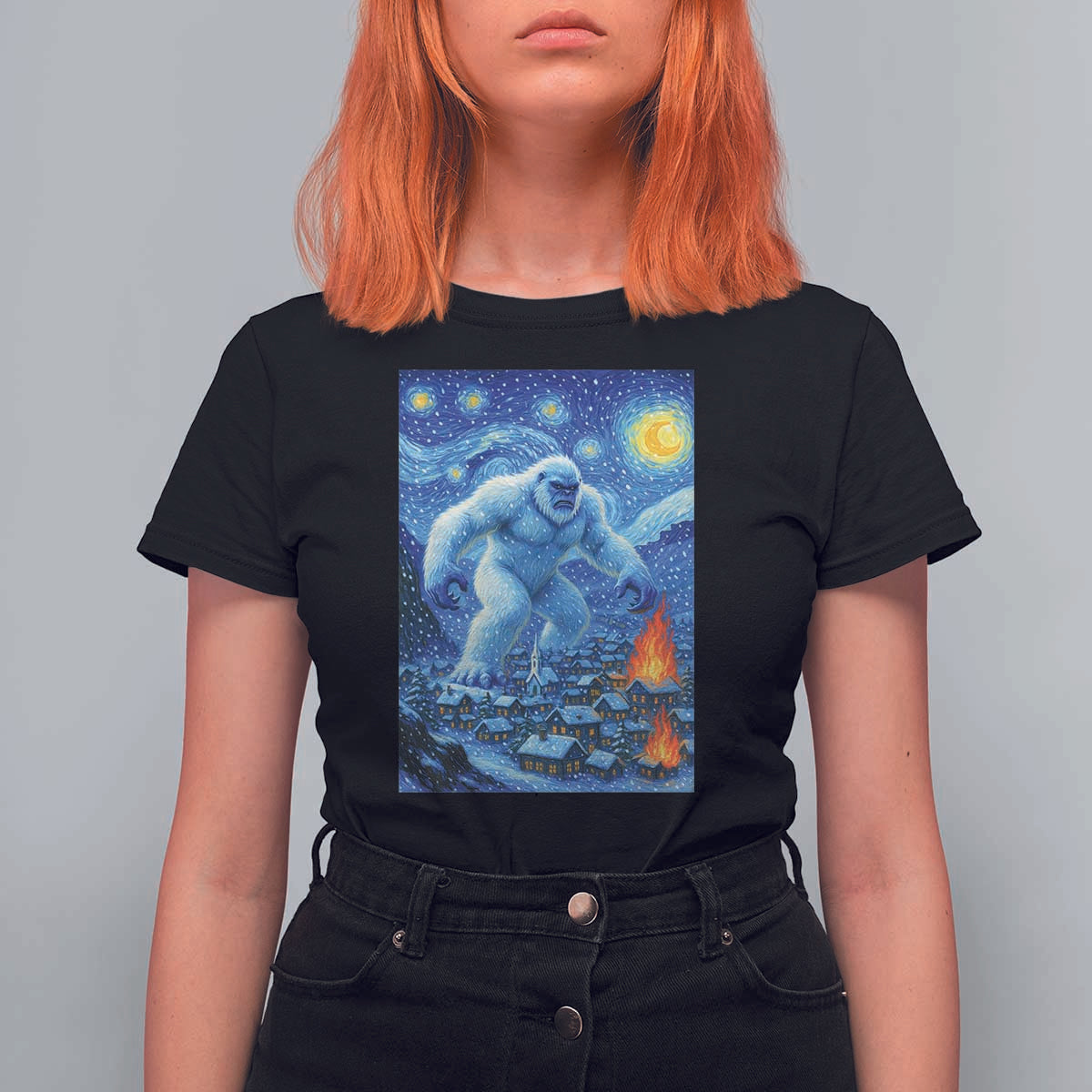 Yeti Cryptid Christmas T Shirt For Women Winter Monster Starry Night Xmas - Wonder Print Shop
