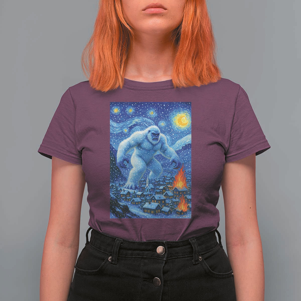 Yeti Cryptid Christmas T Shirt For Women Winter Monster Starry Night Xmas - Wonder Print Shop