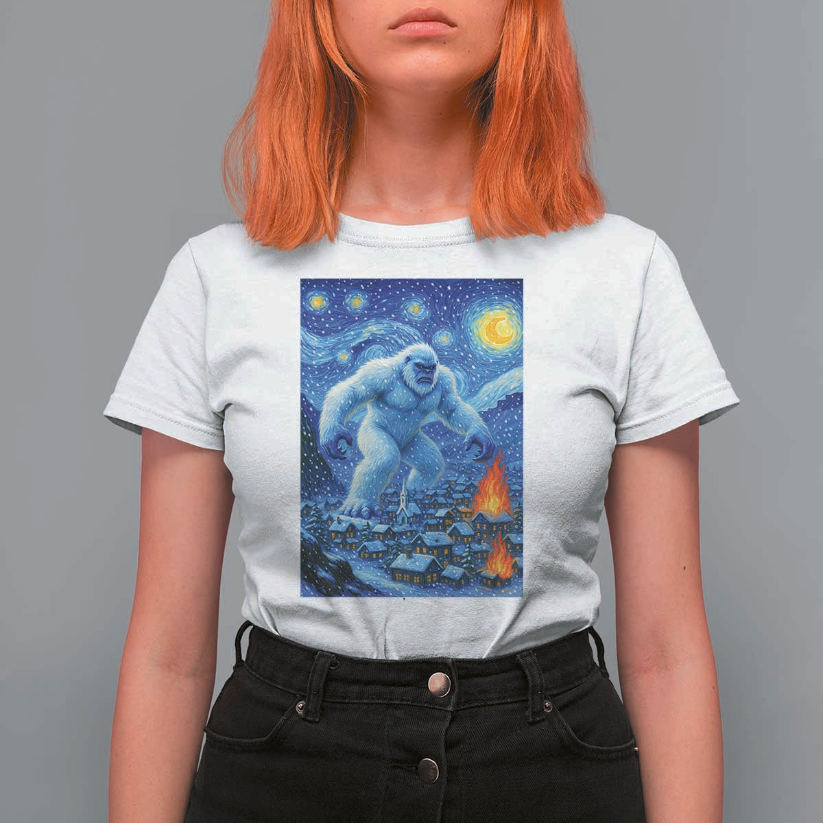 Yeti Cryptid Christmas T Shirt For Women Winter Monster Starry Night Xmas - Wonder Print Shop