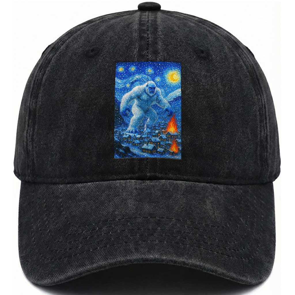 Yeti Cryptid Christmas Washed Cotton Baseball Cap Winter Monster Starry Night Xmas