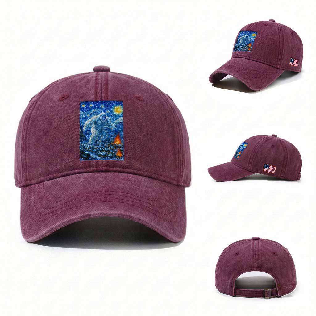 Yeti Cryptid Christmas Washed Cotton Baseball Cap Winter Monster Starry Night Xmas