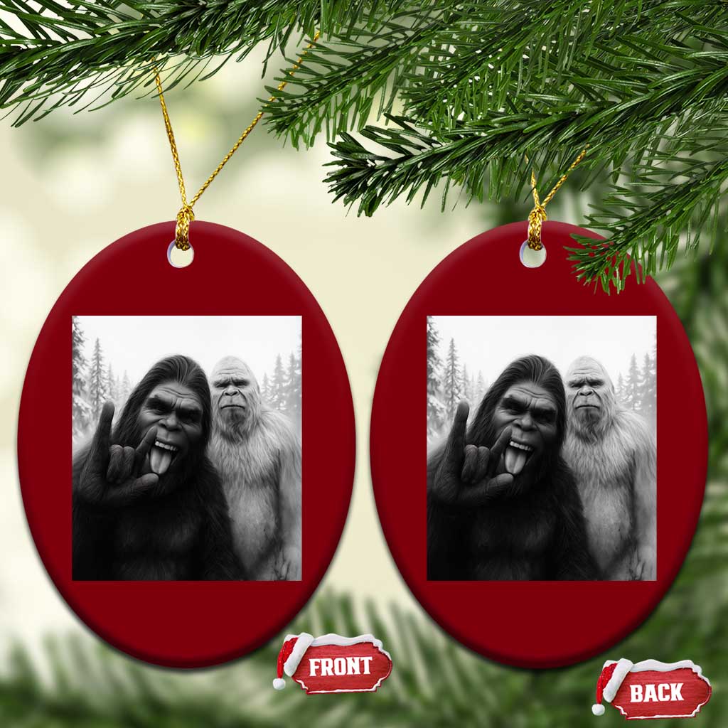 Bigfoot Selfie Xmas Ceramic Ornament Sasquatch Yeti Rock On Hand - Wonder Print Shop