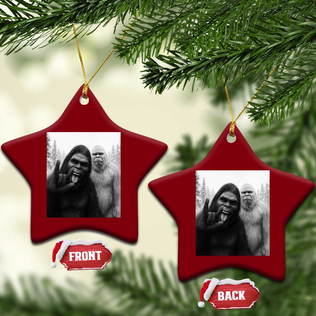 Bigfoot Selfie Xmas Ceramic Ornament Sasquatch Yeti Rock On Hand - Wonder Print Shop