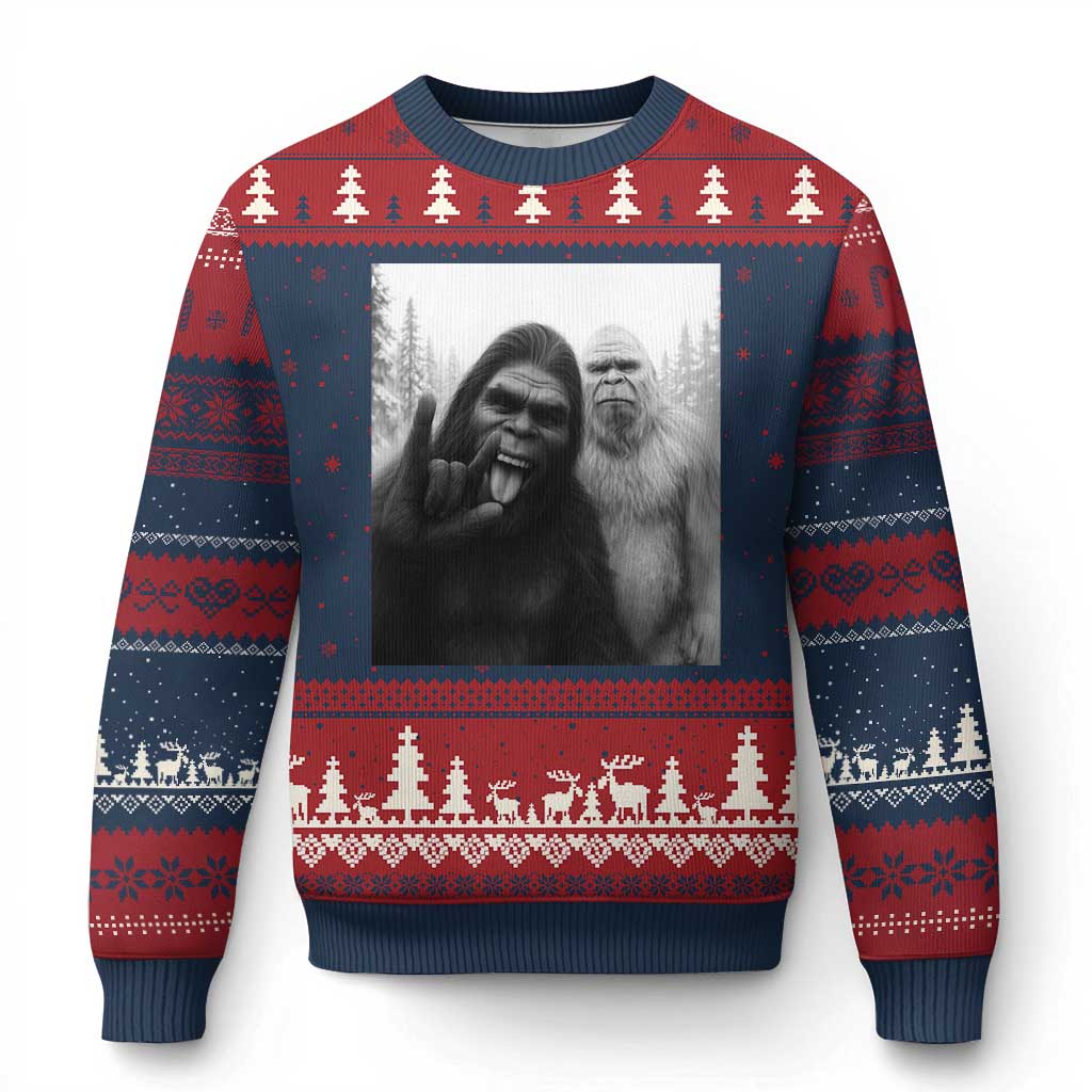 Bigfoot Selfie Xmas Ugly Christmas Sweater Sasquatch Yeti Rock On Hand - Wonder Print Shop