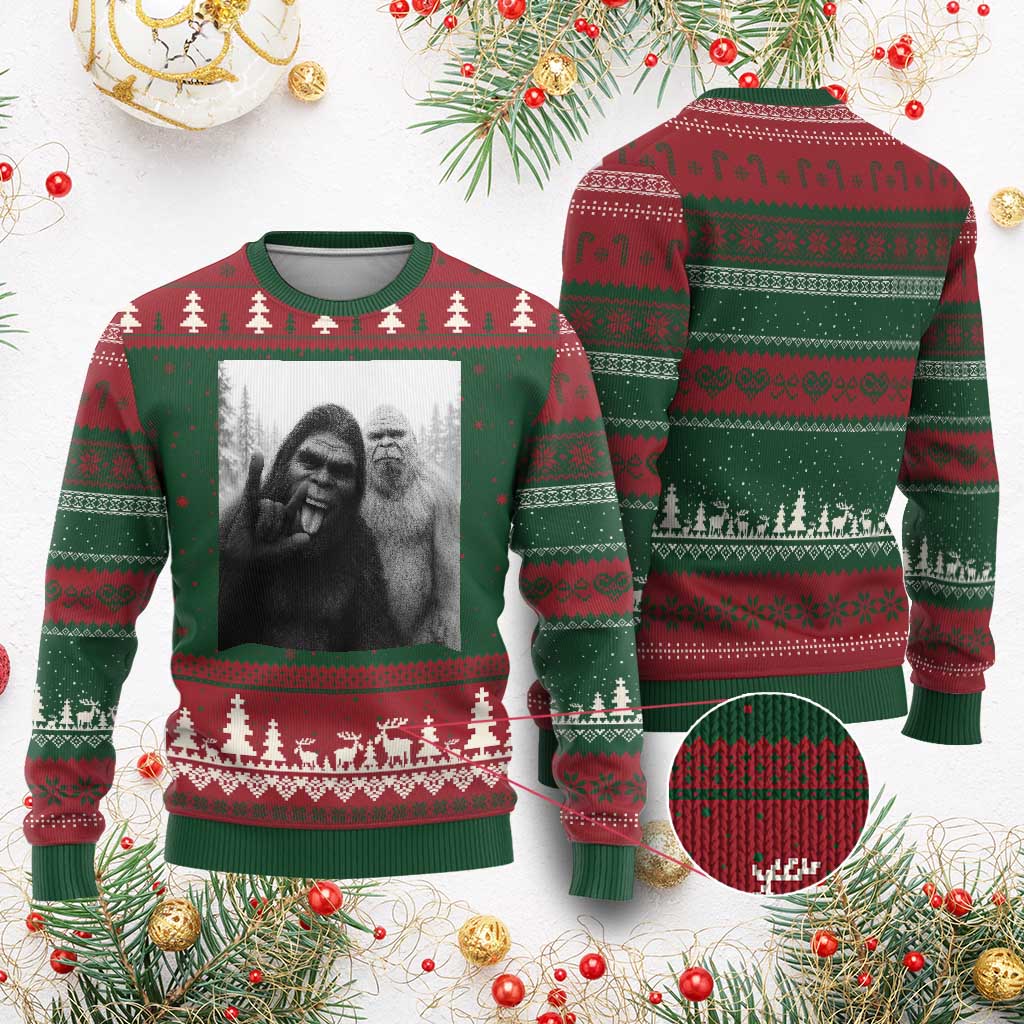 Bigfoot Selfie Xmas Ugly Christmas Sweater Sasquatch Yeti Rock On Hand - Wonder Print Shop