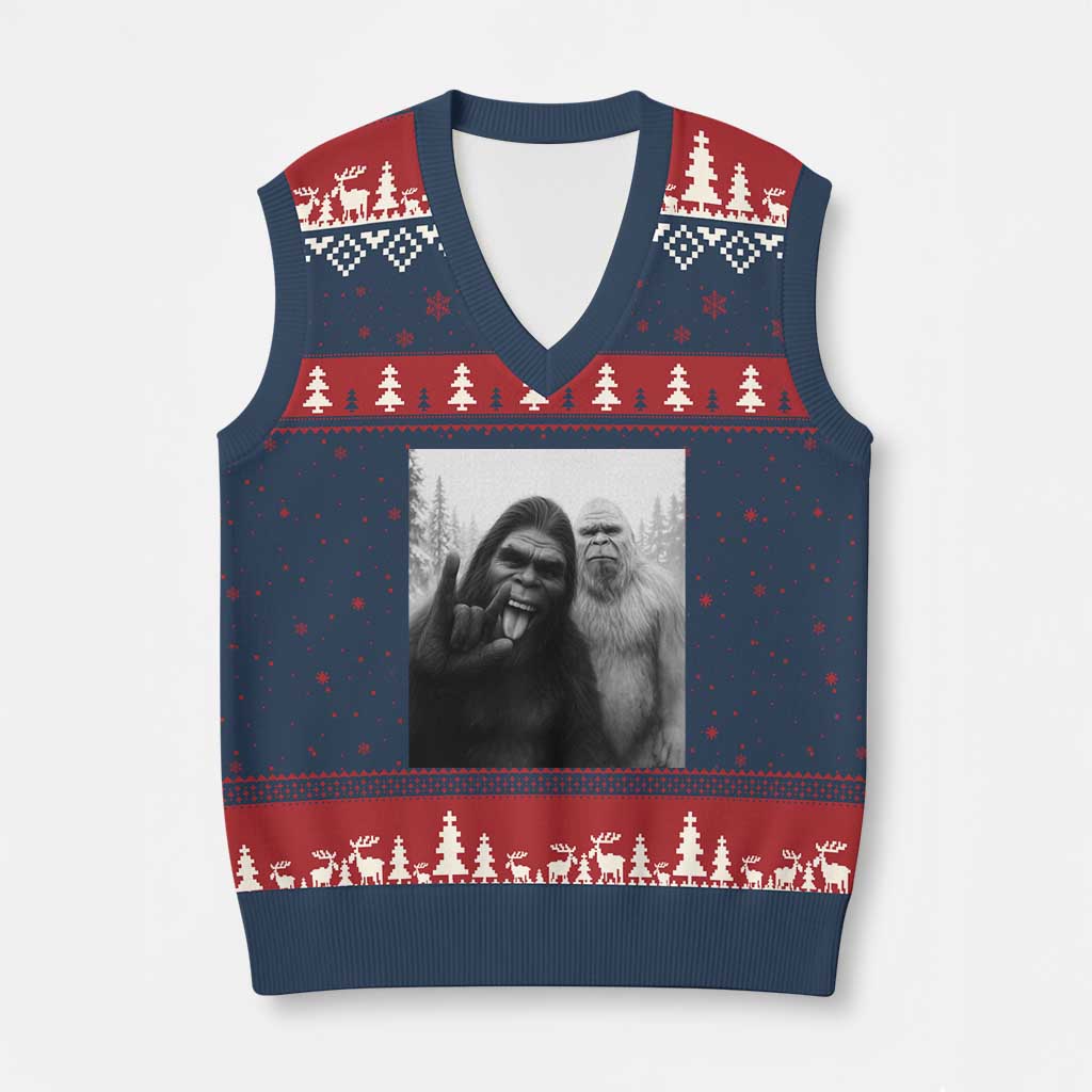 Bigfoot Selfie Xmas V-Neck Knit Sweater Vest Sasquatch Yeti Rock On Hand - Wonder Print Shop
