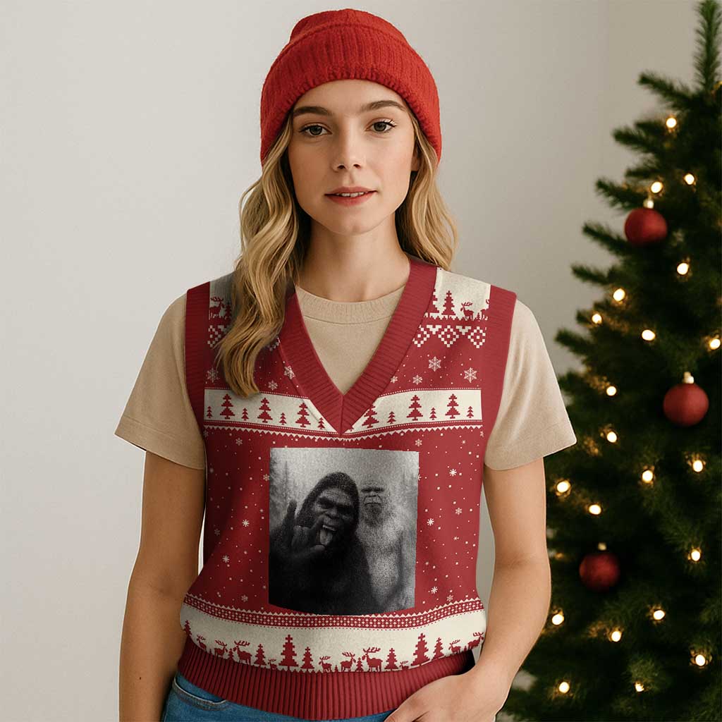 Bigfoot Selfie Xmas V-Neck Knit Sweater Vest Sasquatch Yeti Rock On Hand - Wonder Print Shop