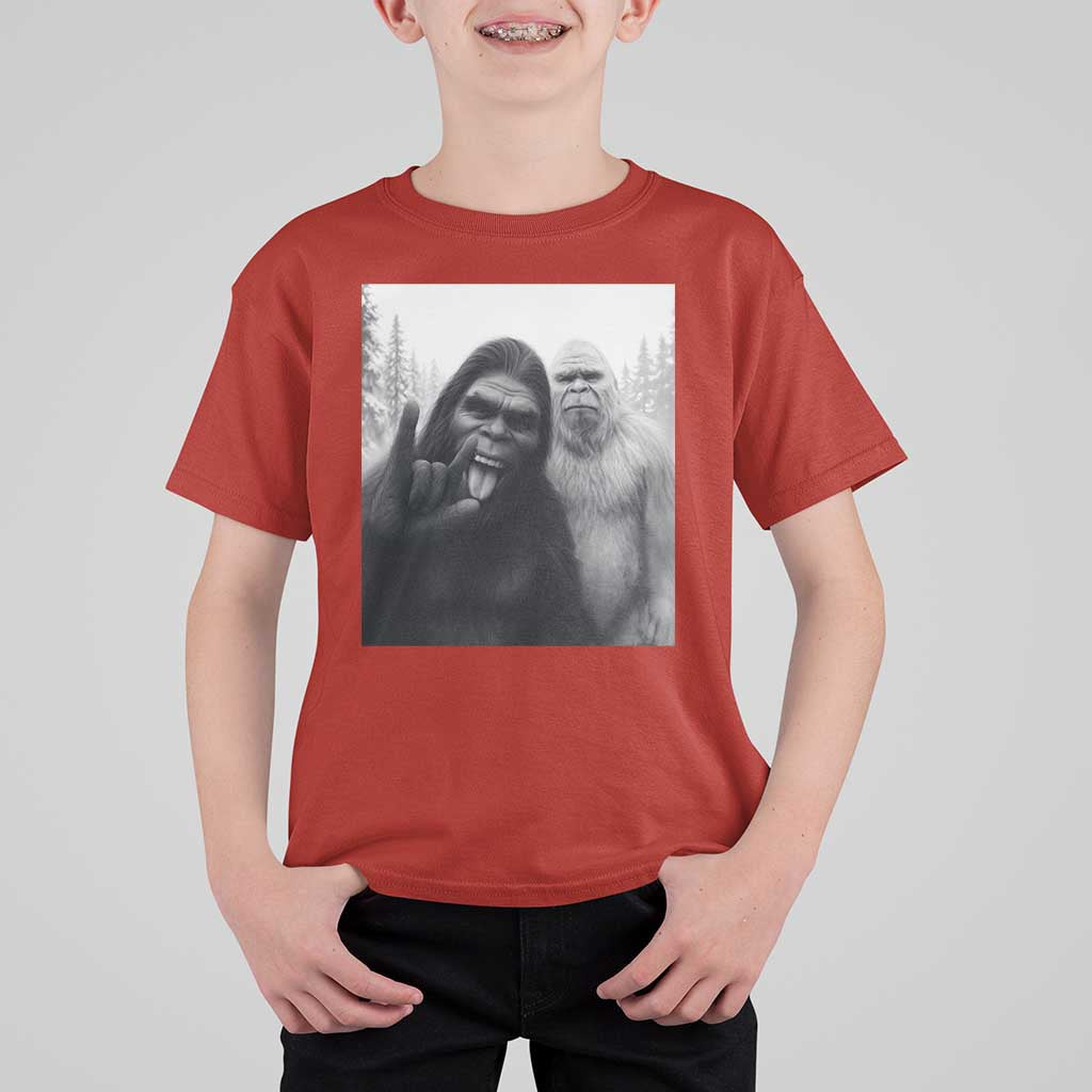 Bigfoot Selfie Christmas T Shirt For Kid Sasquatch Yeti Rock On Hand - Wonder Print Shop