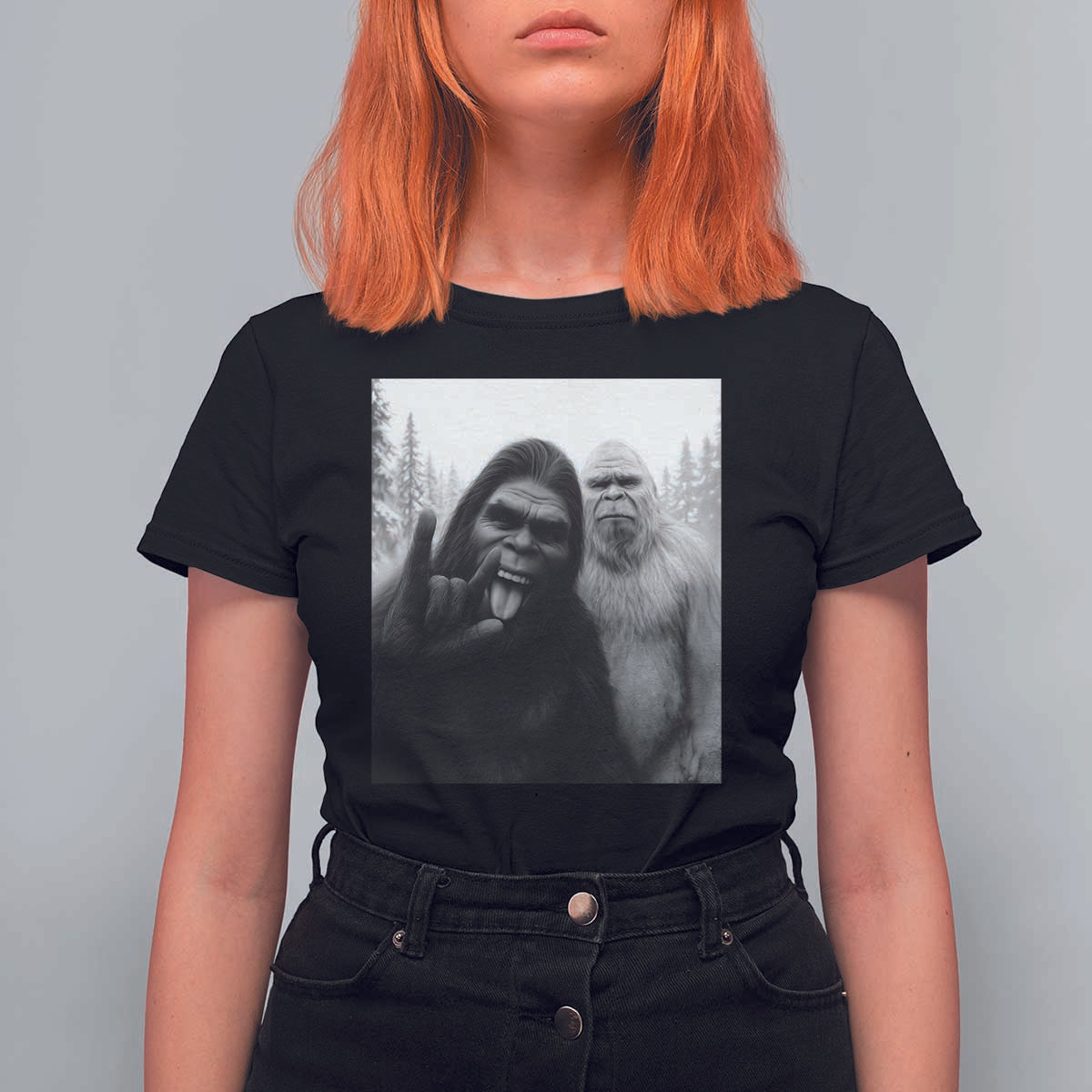 Bigfoot Selfie Christmas T Shirt For Women Sasquatch Yeti Rock On Hand - Wonder Print Shop