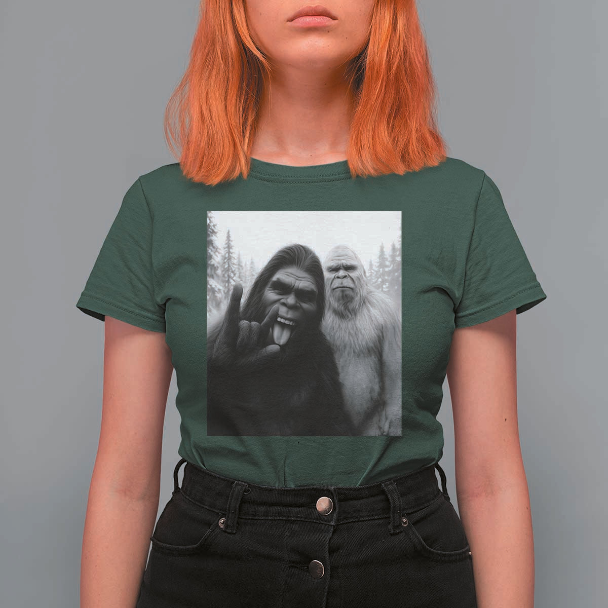 Bigfoot Selfie Christmas T Shirt For Women Sasquatch Yeti Rock On Hand - Wonder Print Shop