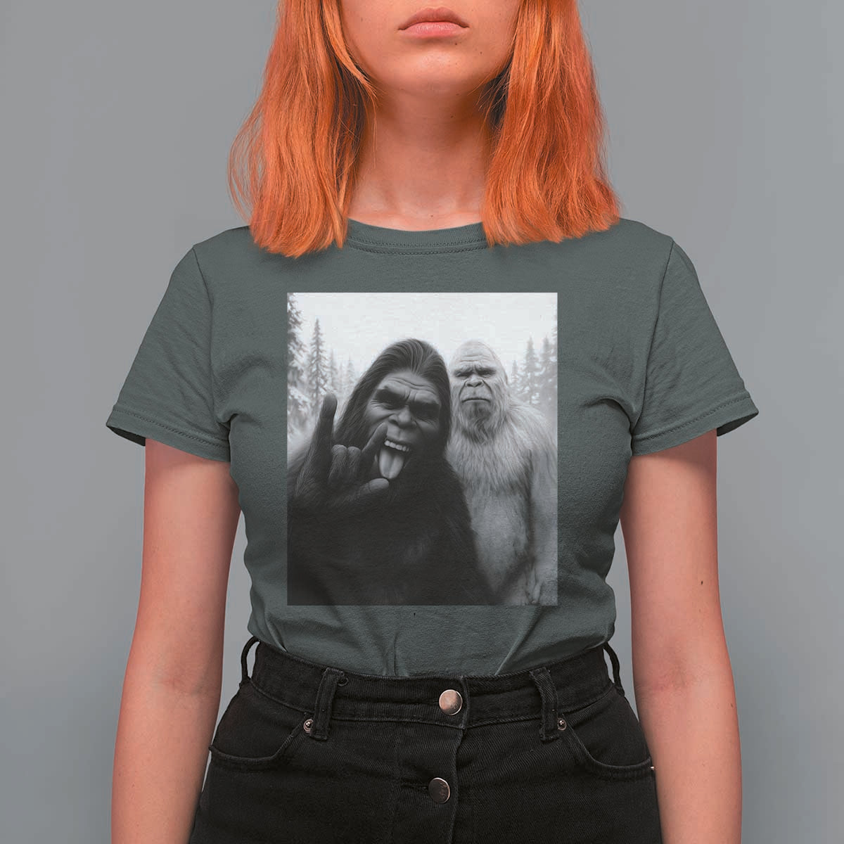 Bigfoot Selfie Christmas T Shirt For Women Sasquatch Yeti Rock On Hand - Wonder Print Shop