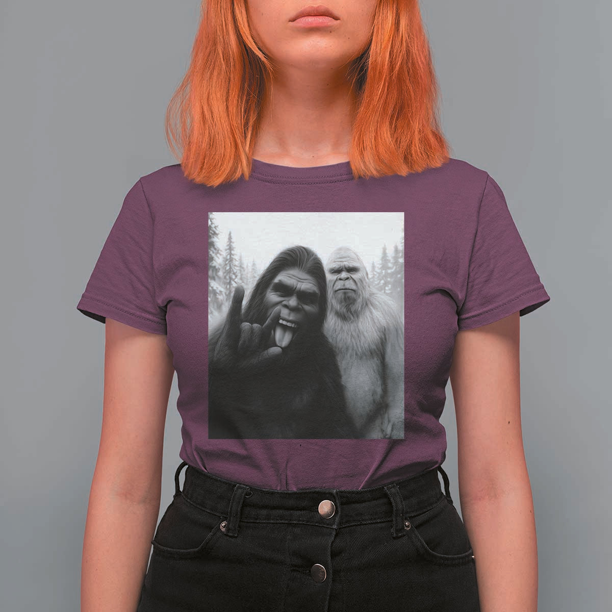 Bigfoot Selfie Christmas T Shirt For Women Sasquatch Yeti Rock On Hand - Wonder Print Shop