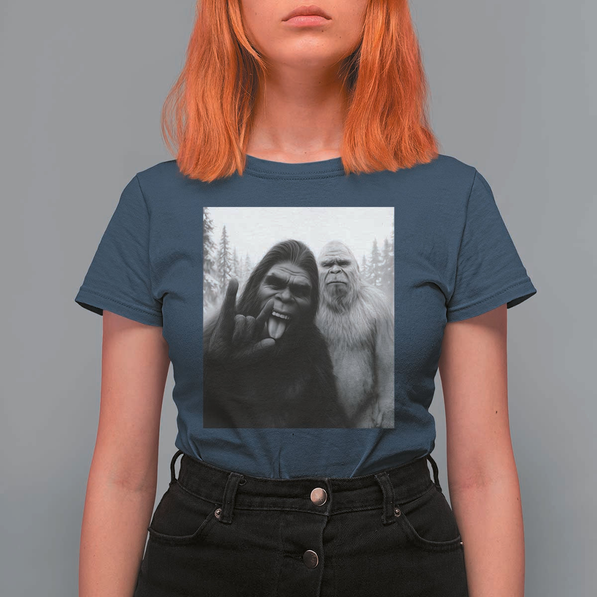 Bigfoot Selfie Christmas T Shirt For Women Sasquatch Yeti Rock On Hand - Wonder Print Shop