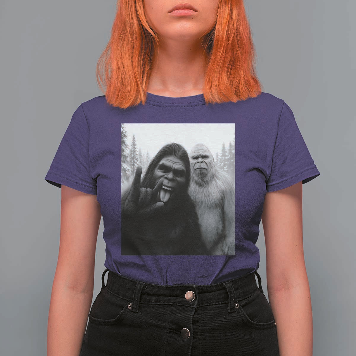 Bigfoot Selfie Christmas T Shirt For Women Sasquatch Yeti Rock On Hand - Wonder Print Shop