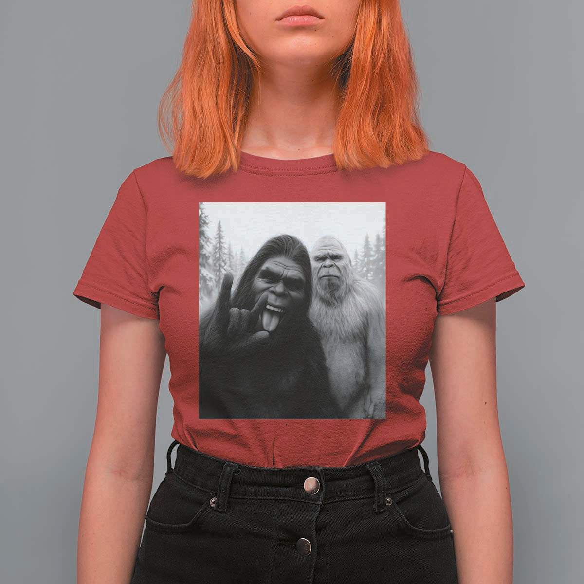 Bigfoot Selfie Christmas T Shirt For Women Sasquatch Yeti Rock On Hand - Wonder Print Shop