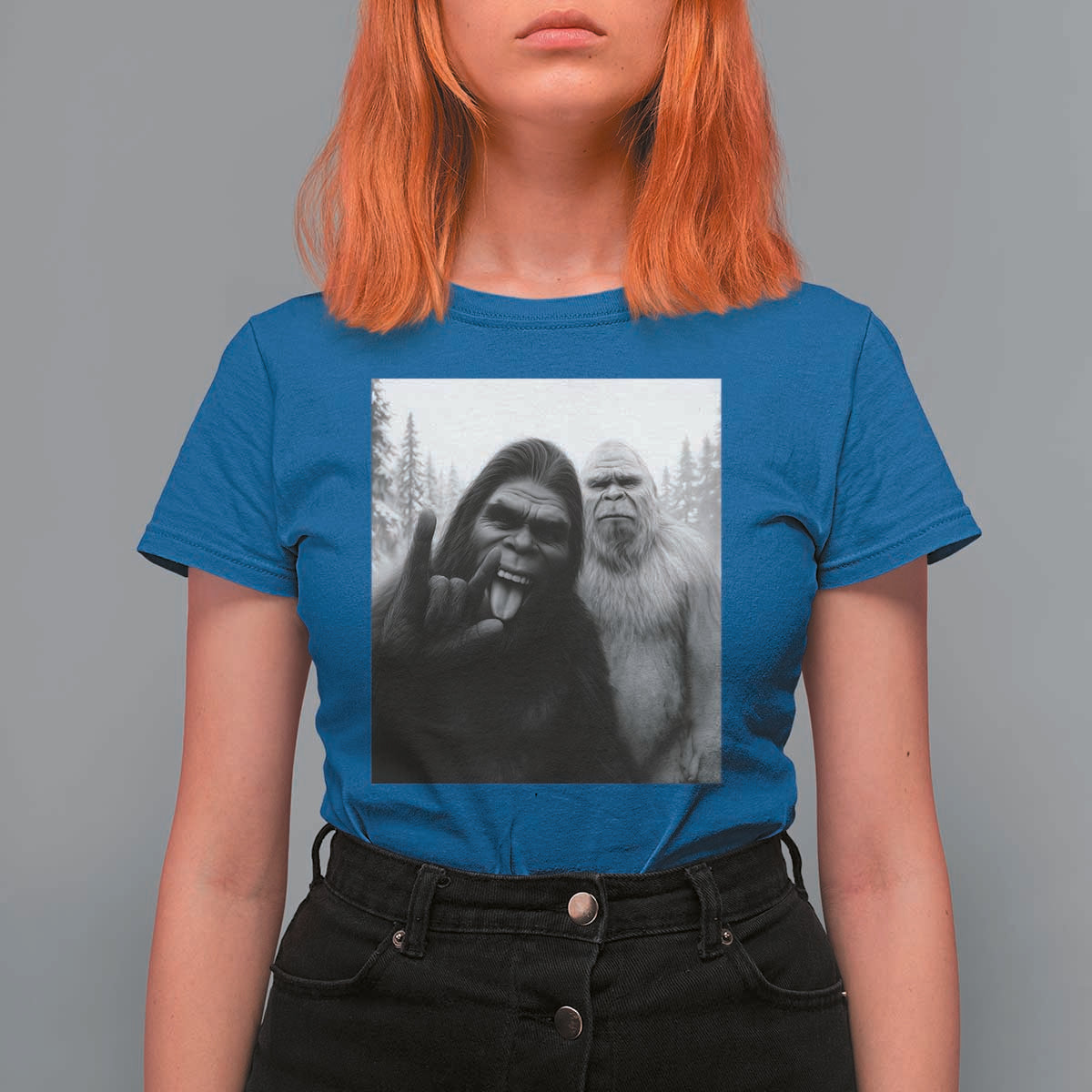 Bigfoot Selfie Christmas T Shirt For Women Sasquatch Yeti Rock On Hand - Wonder Print Shop