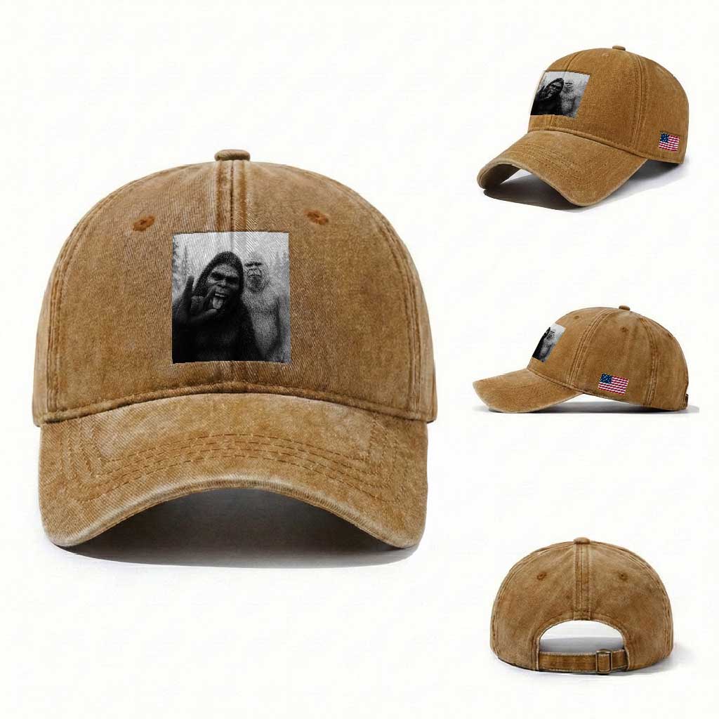 Bigfoot Selfie Christmas Washed Cotton Baseball Cap Sasquatch Yeti Rock On Hand