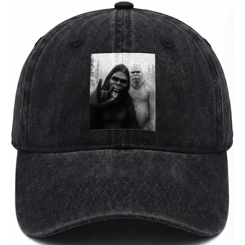 Bigfoot Selfie Christmas Washed Cotton Baseball Cap Sasquatch Yeti Rock On Hand