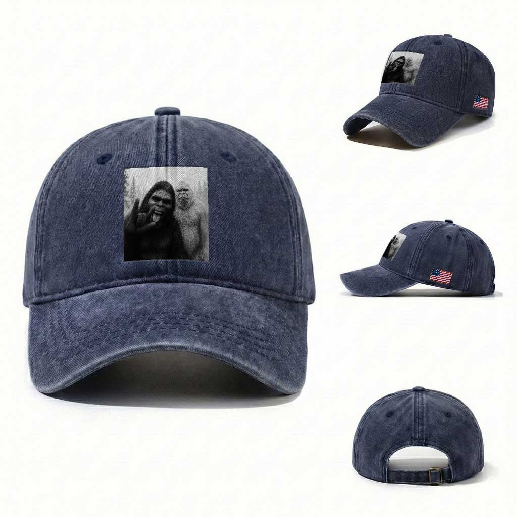 Bigfoot Selfie Christmas Washed Cotton Baseball Cap Sasquatch Yeti Rock On Hand