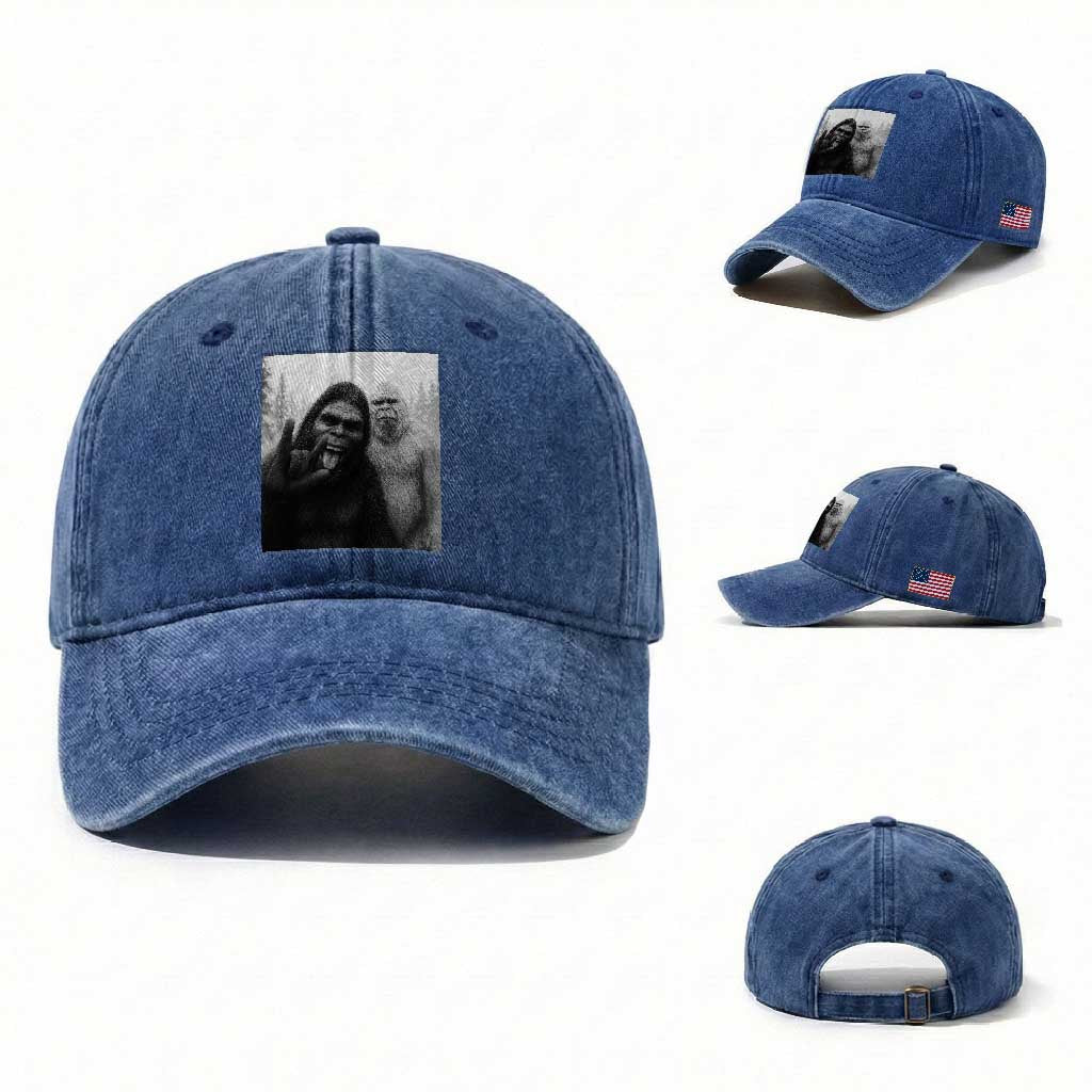 Bigfoot Selfie Christmas Washed Cotton Baseball Cap Sasquatch Yeti Rock On Hand