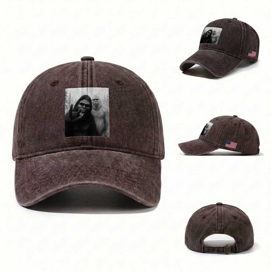 Bigfoot Selfie Christmas Washed Cotton Baseball Cap Sasquatch Yeti Rock On Hand
