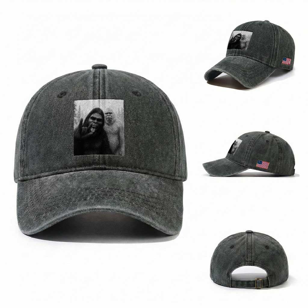 Bigfoot Selfie Christmas Washed Cotton Baseball Cap Sasquatch Yeti Rock On Hand
