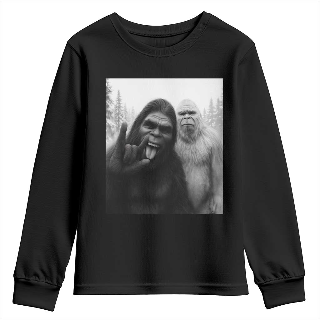 Bigfoot Selfie Christmas Youth Sweatshirt Sasquatch Yeti Rock On Hand - Wonder Print Shop