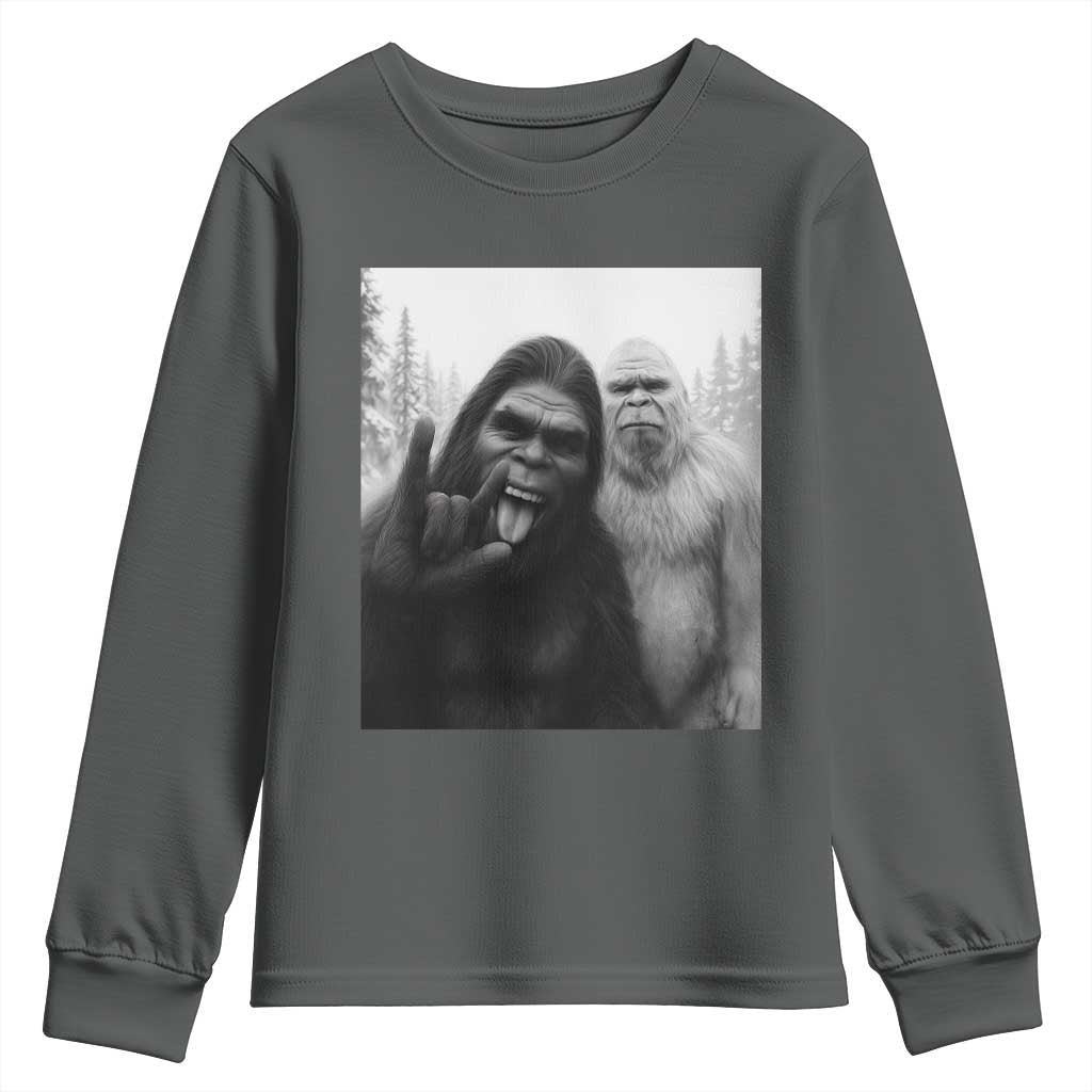 Bigfoot Selfie Christmas Youth Sweatshirt Sasquatch Yeti Rock On Hand - Wonder Print Shop