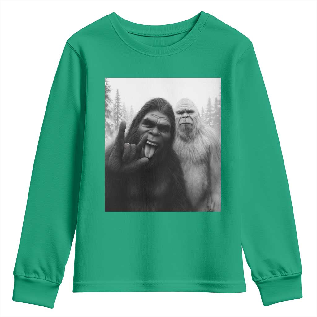 Bigfoot Selfie Christmas Youth Sweatshirt Sasquatch Yeti Rock On Hand - Wonder Print Shop