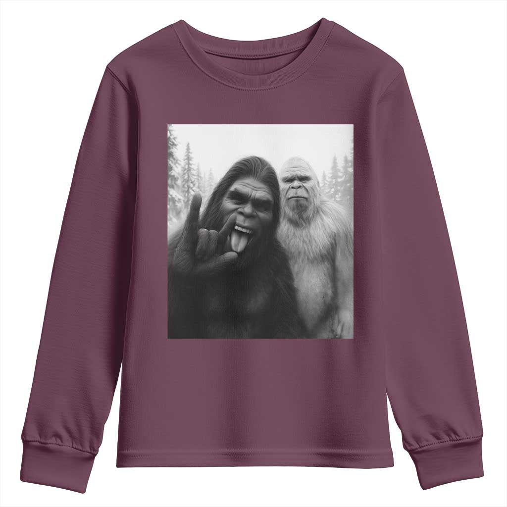 Bigfoot Selfie Christmas Youth Sweatshirt Sasquatch Yeti Rock On Hand - Wonder Print Shop