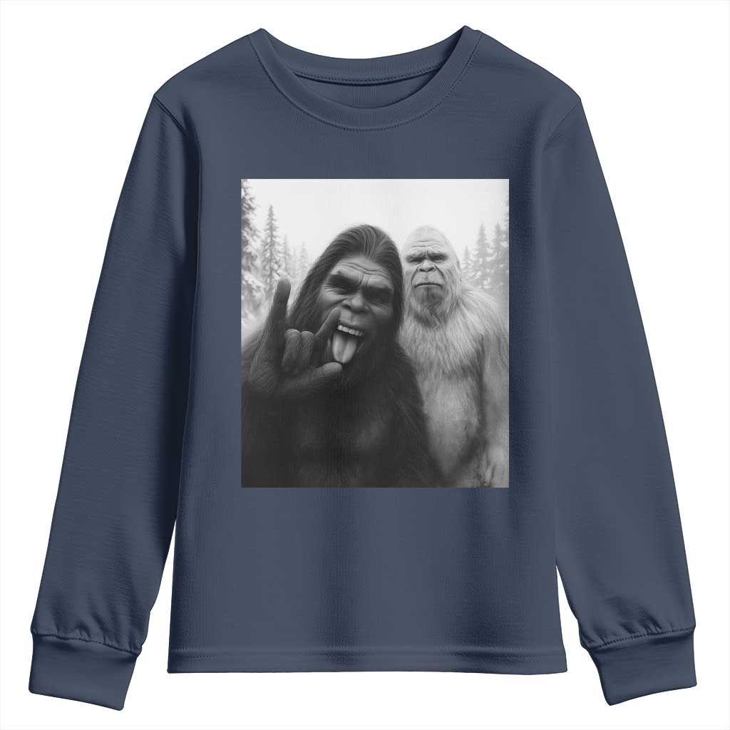 Bigfoot Selfie Christmas Youth Sweatshirt Sasquatch Yeti Rock On Hand - Wonder Print Shop