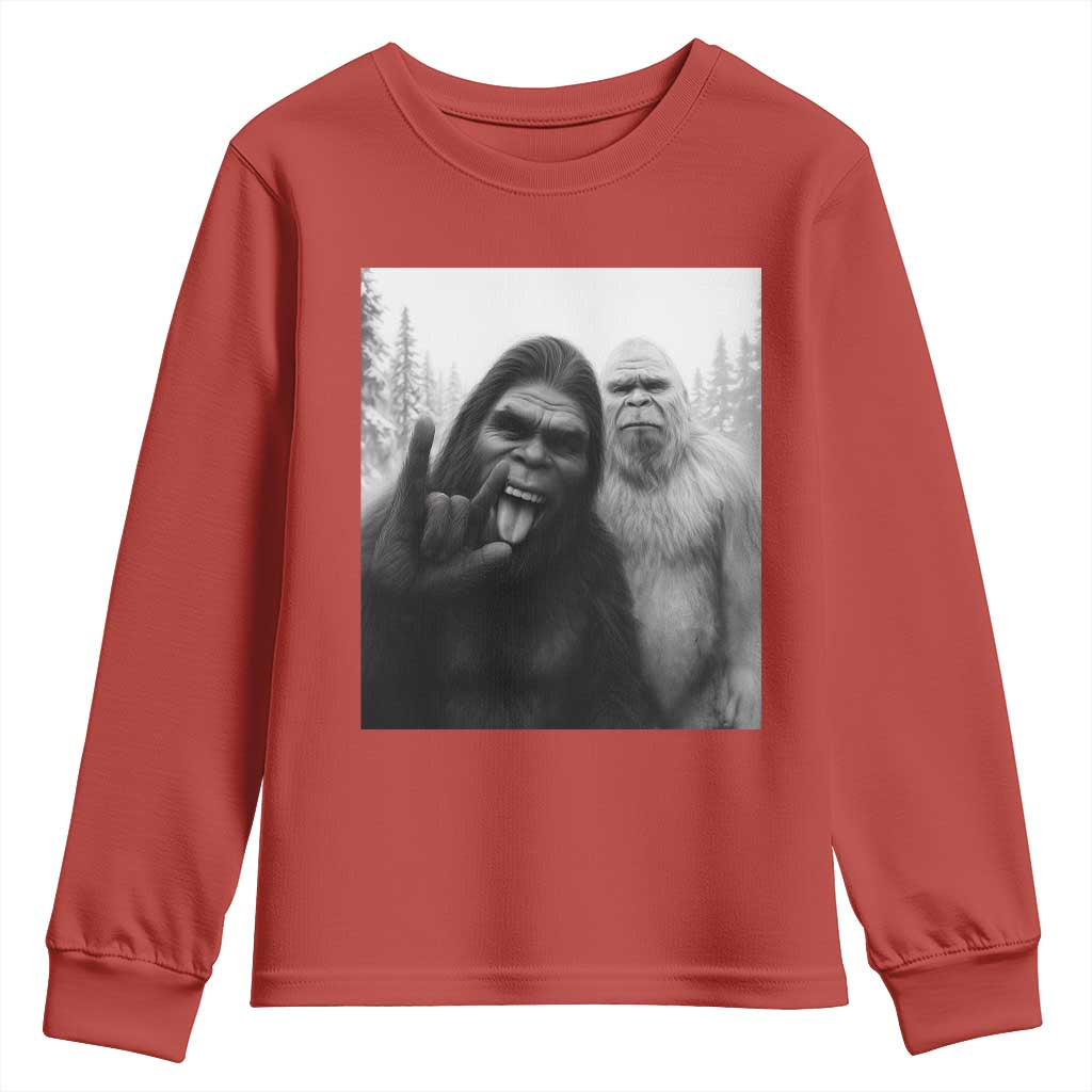 Bigfoot Selfie Christmas Youth Sweatshirt Sasquatch Yeti Rock On Hand - Wonder Print Shop