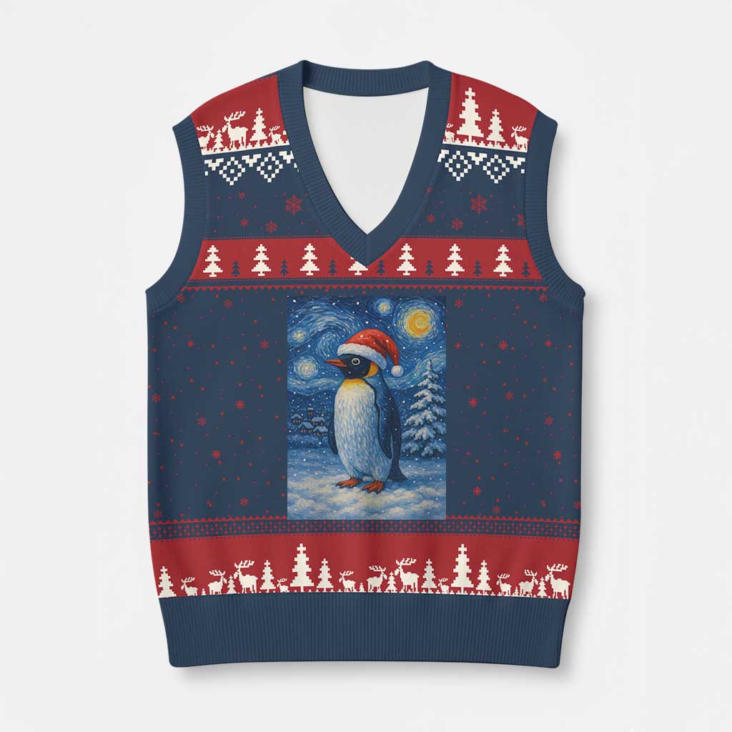 Penguin Xmas V-Neck Knit Sweater Vest Starry Night Van Gogh - Wonder Print Shop