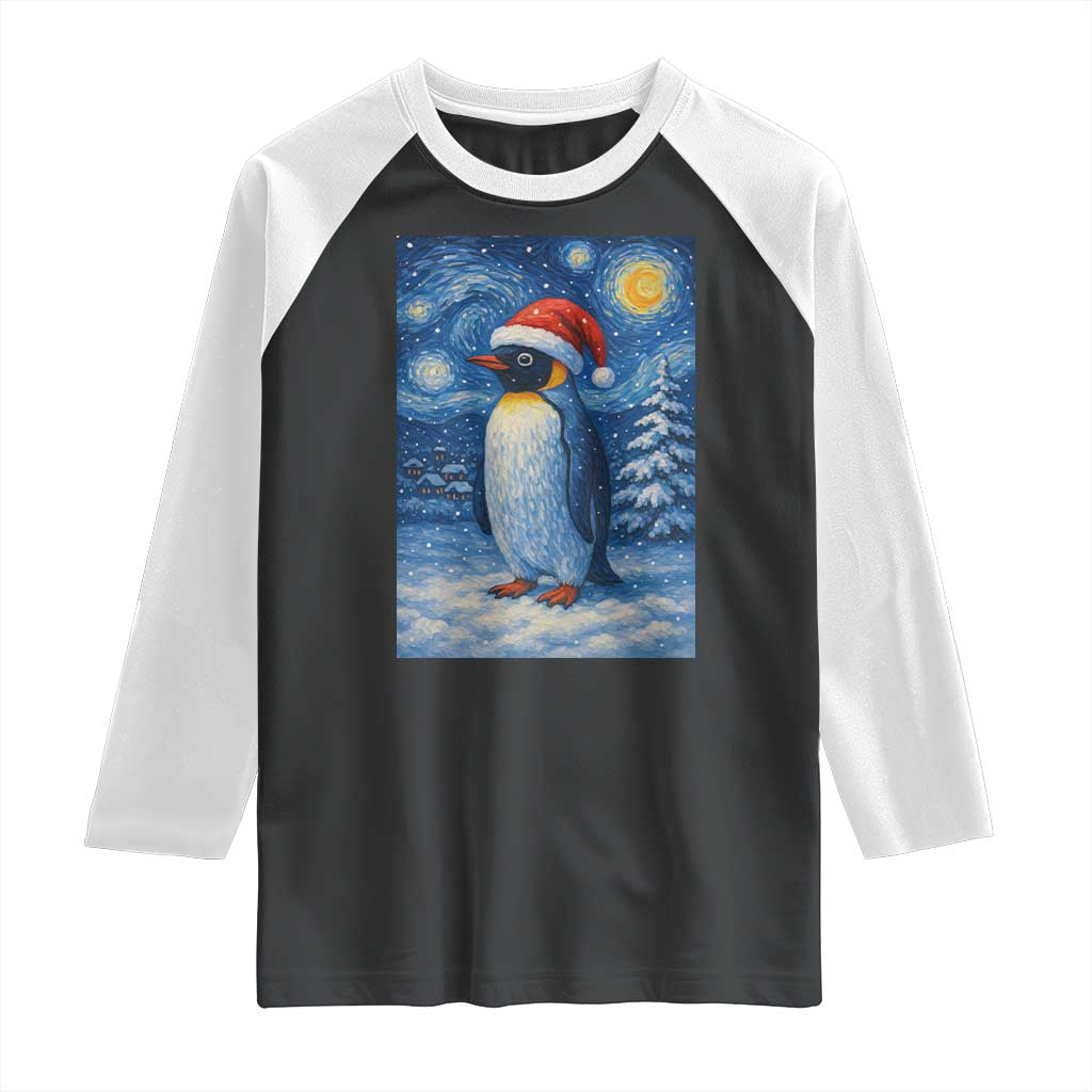 Penguin Christmas Raglan Shirt Starry Night Van Gogh - Wonder Print Shop