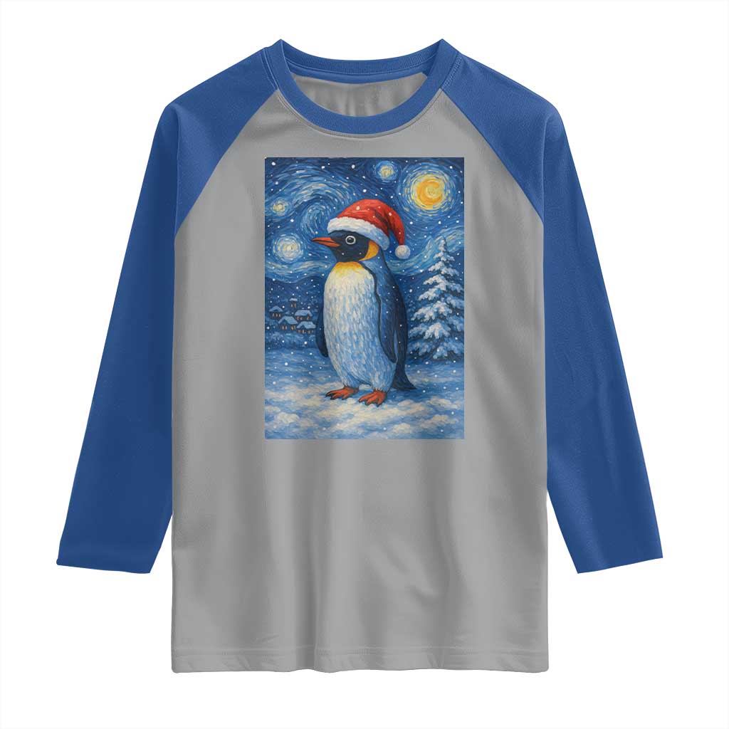 Penguin Christmas Raglan Shirt Starry Night Van Gogh - Wonder Print Shop